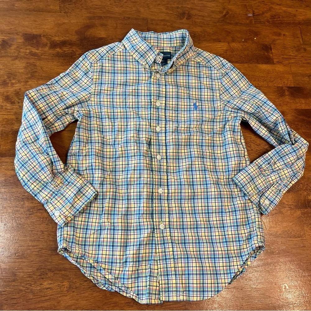 Boys Ralph Lauren yellow blue orange plaid button down shirt size small 8